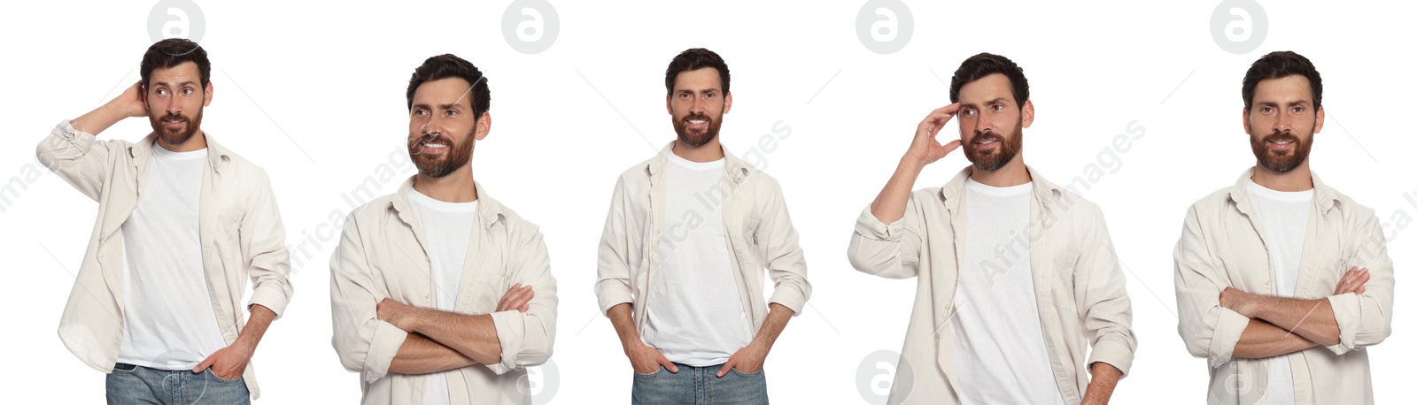 Image of Collage with photos of handsome bearded man on white background. Banner design