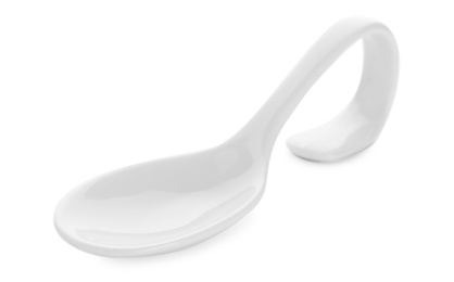 Photo of Clean empty ceramic appetizer spoon on white background