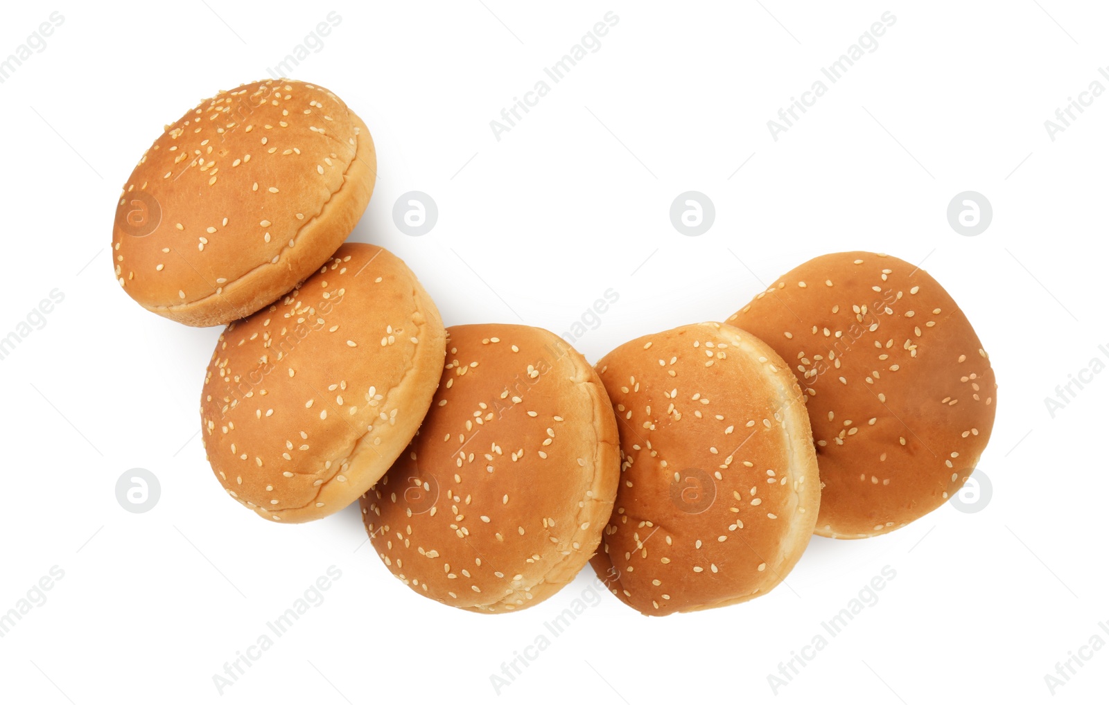 Photo of Fresh hamburger buns isolated on white, top view