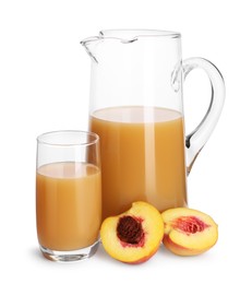 Photo of Delicious peach juice and fresh fruits isolated on white