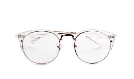 Photo of Glasses with corrective lenses on white background. Vision problem