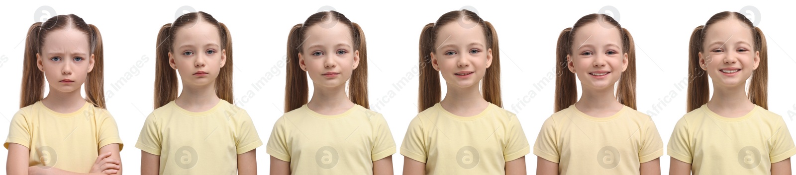 Image of Girl showing different emotions on white background, collage of photos