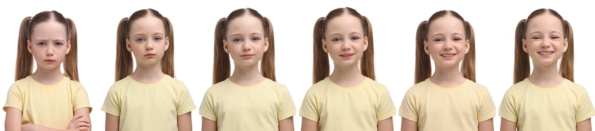 Image of Girl showing different emotions on white background, collage of photos