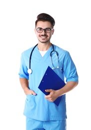 Photo of Young medical student with clipboard on white background