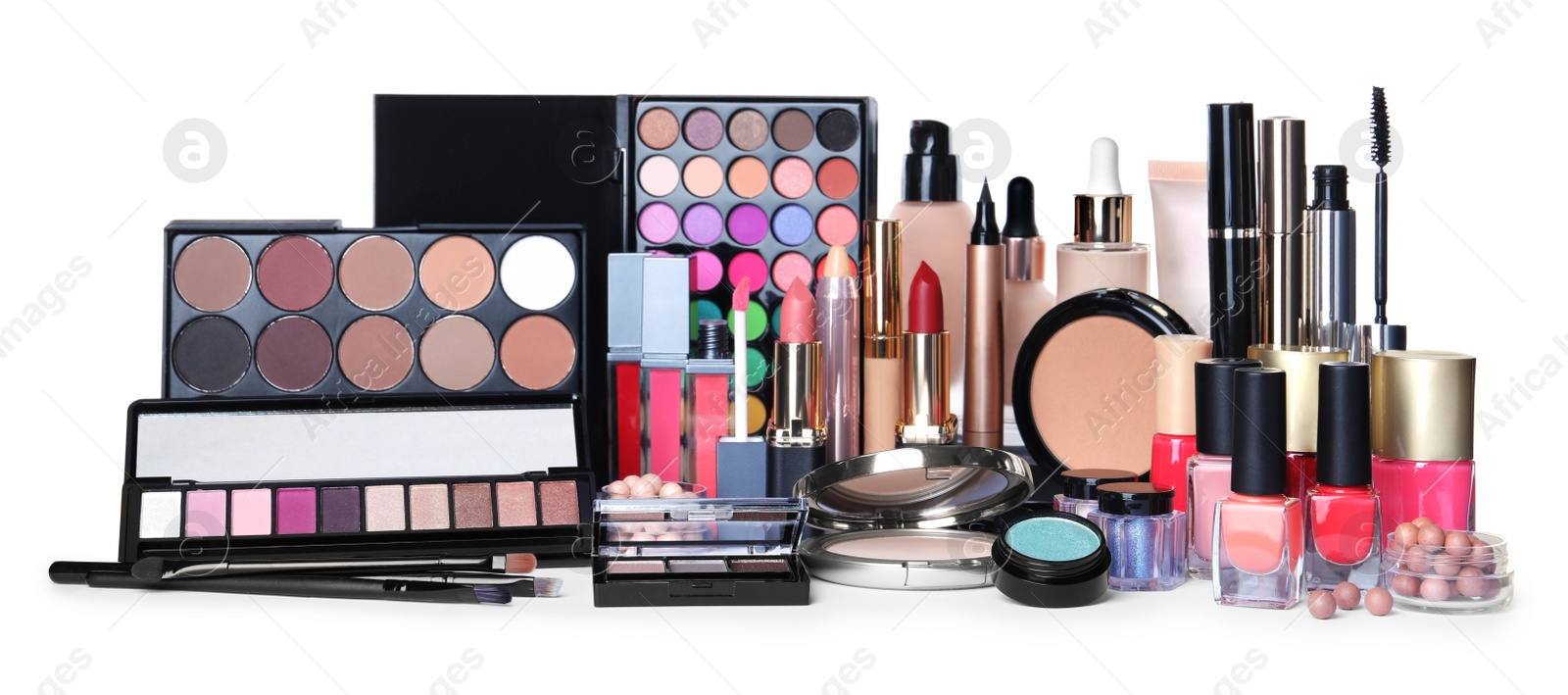 Photo of Different luxury decorative cosmetics on white background