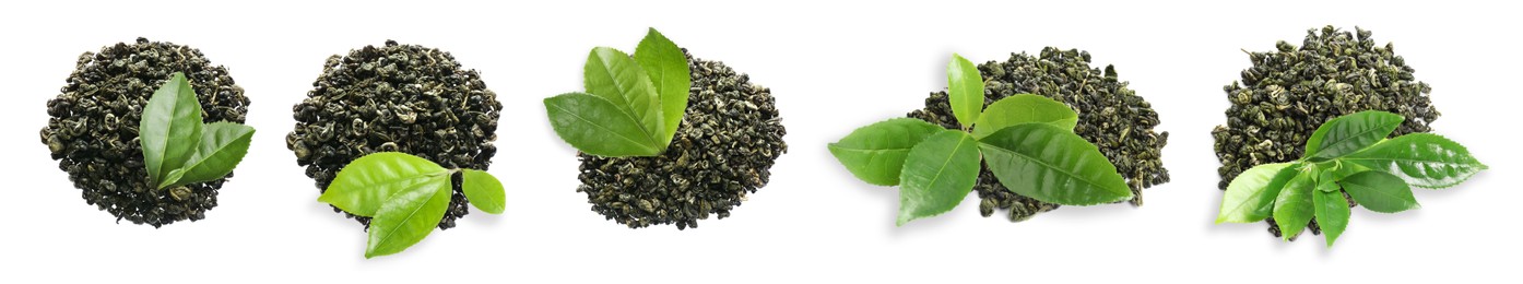 Dry green tea and fresh leaves on white background, collage. Banner design 