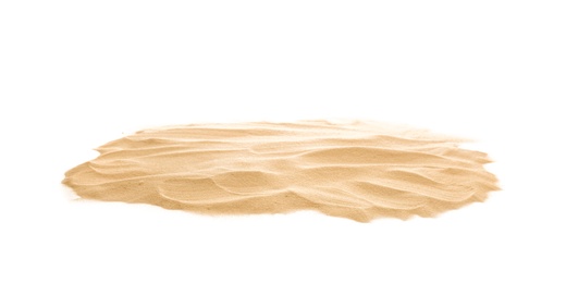 Photo of Heap of dry beach sand on white background