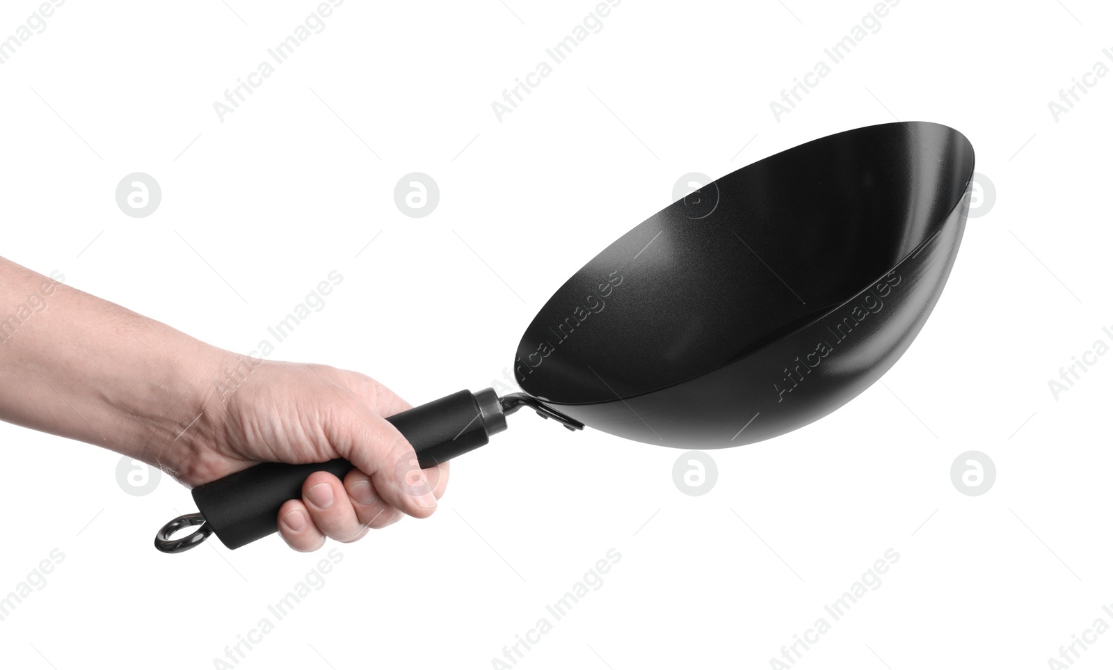 Photo of Man holding empty metal wok on white background, closeup