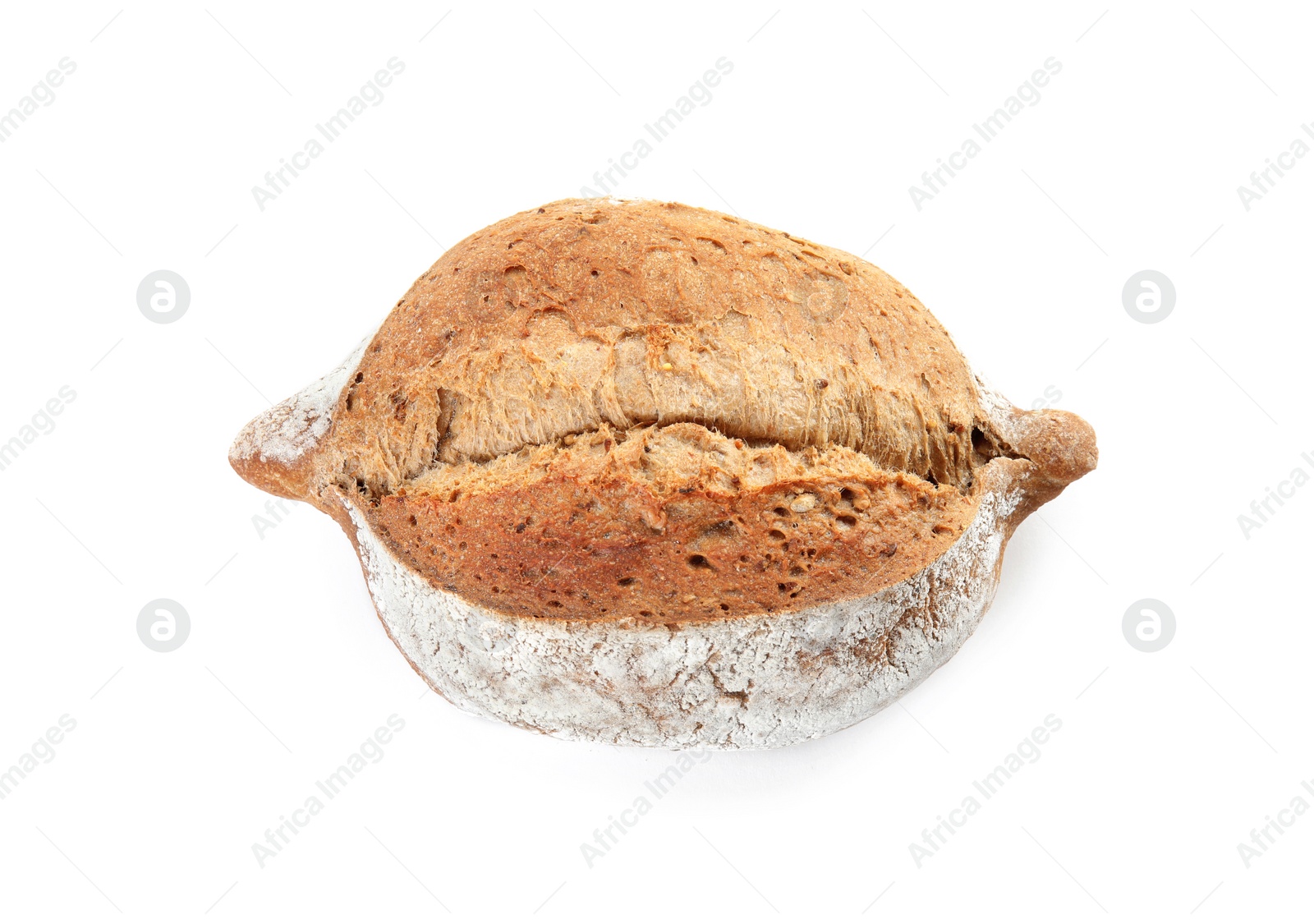 Photo of Loaf of fresh bread isolated on white, top view
