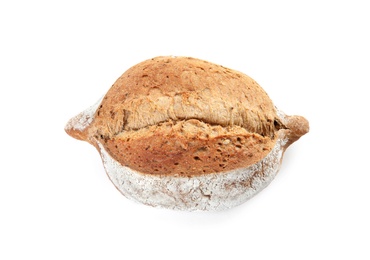 Loaf of fresh bread isolated on white, top view