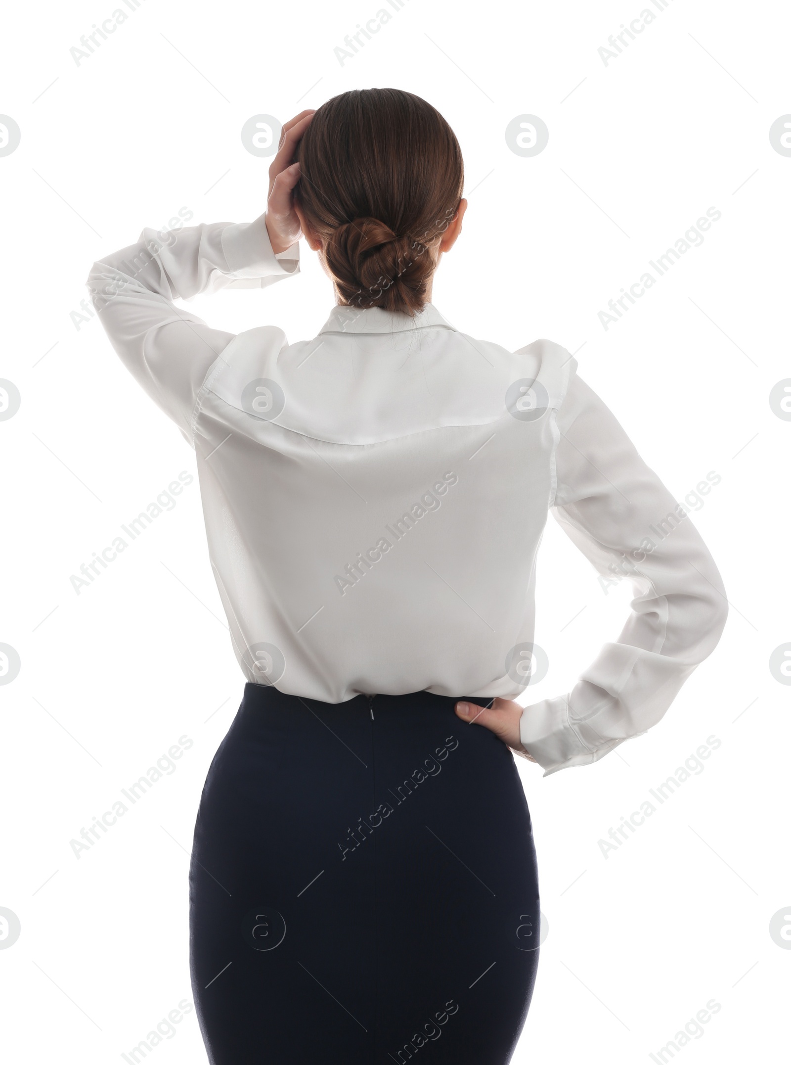 Photo of Young woman on white background, back view