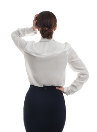 Young woman on white background, back view