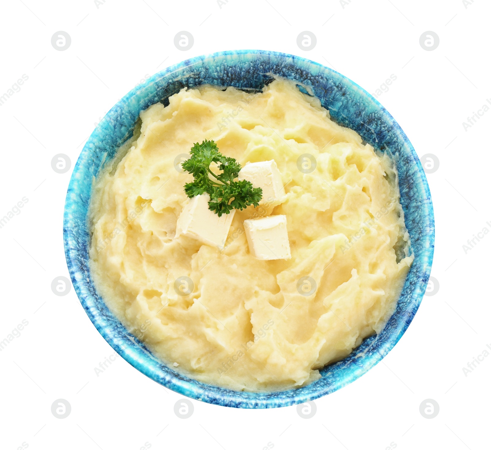 Photo of Bowl with tasty mashed potatoes on white background, top view