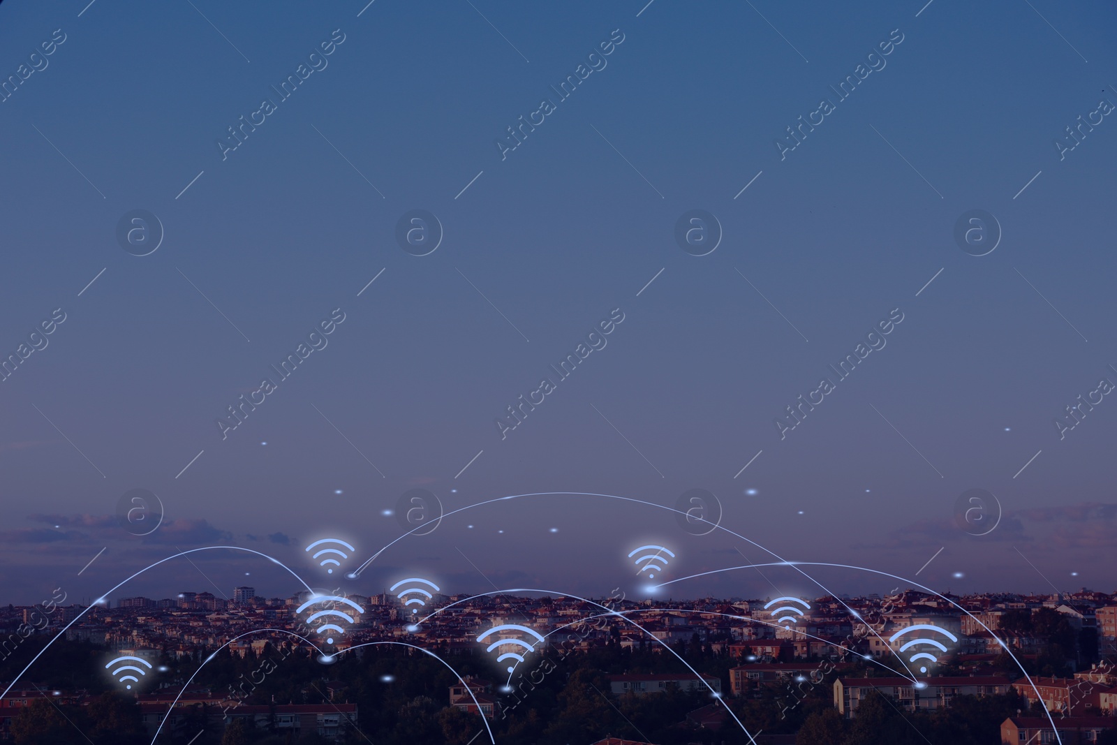 Image of Picturesque view of city with buildings and wi-fi symbols