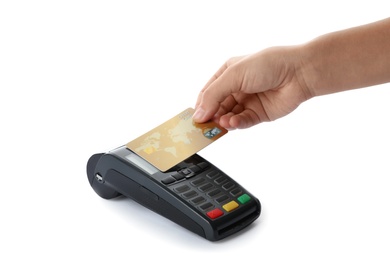 Photo of Woman using terminal for contactless payment with credit card on white background