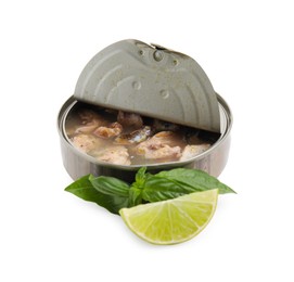 Photo of Open tin can with mackerel chunks, lime and basil on white background