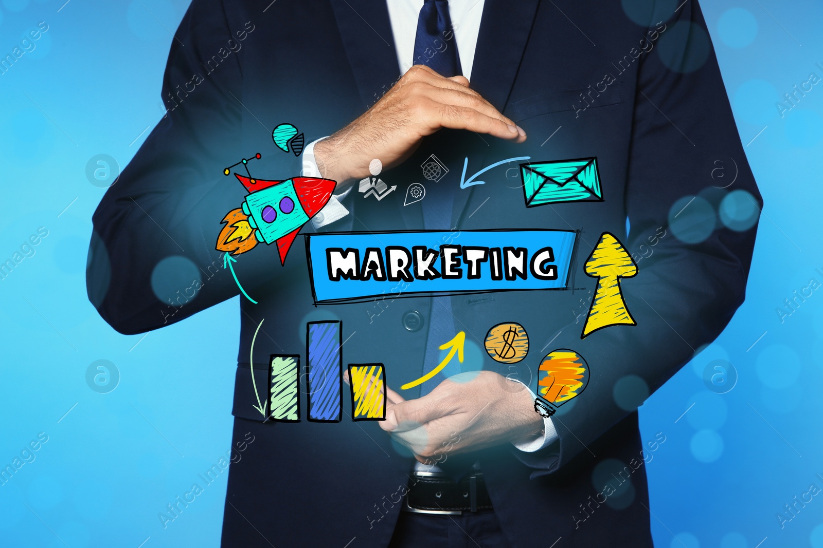 Image of Businessman demonstrating marketing plan scheme on blue background, closeup