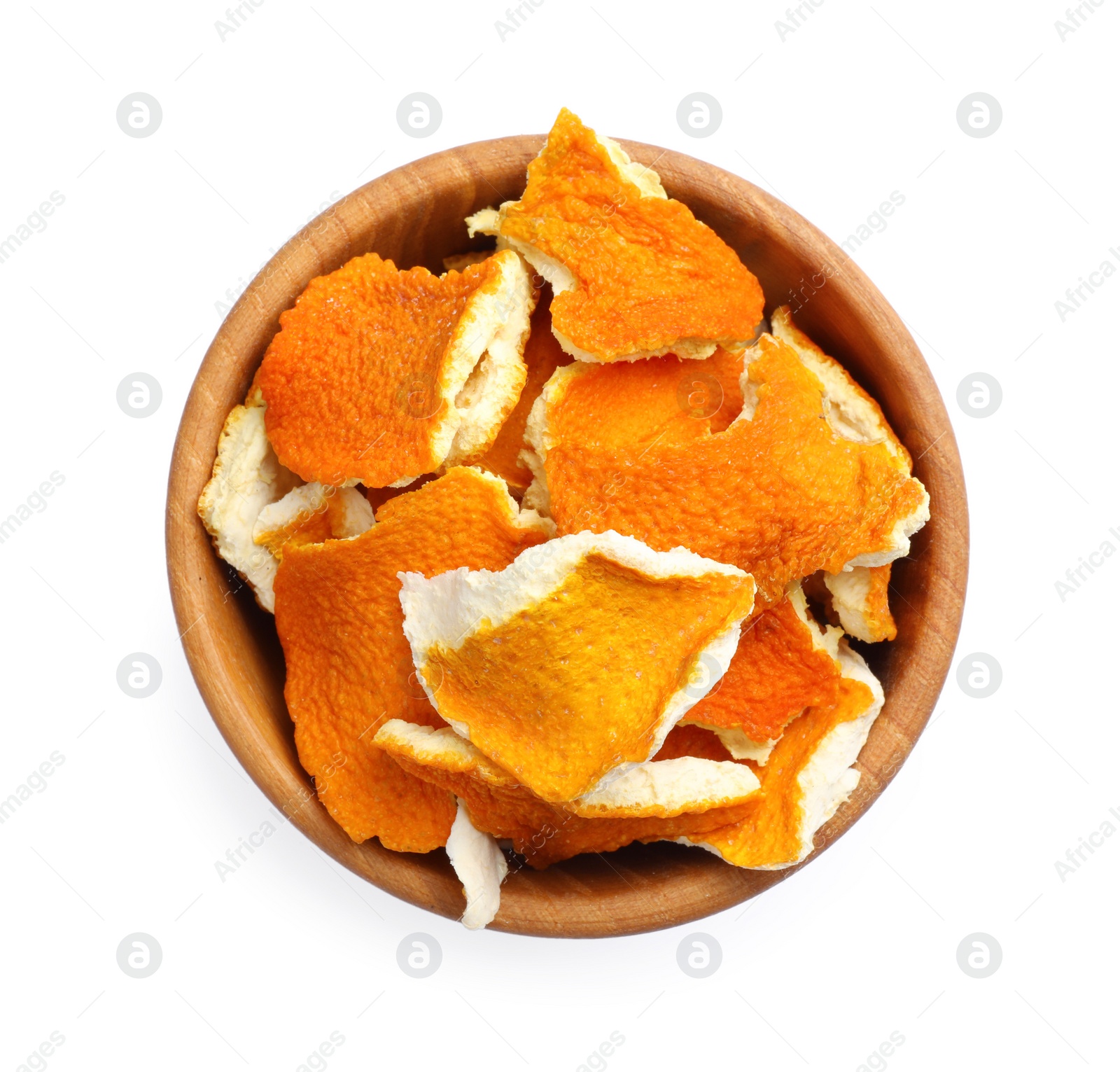 Photo of Dry orange peels in wooden bowl isolated on white, top view
