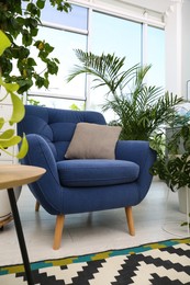 Photo of Comfortable armchair and beautiful houseplants in room. Lounge area interior