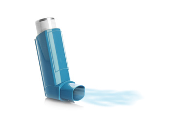 Portable asthma inhaler device with steam on white background