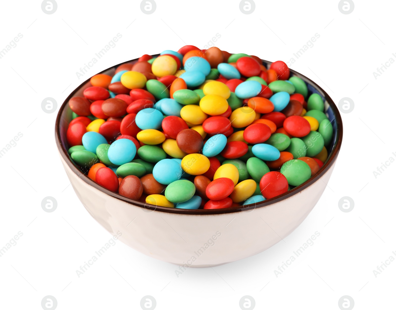 Photo of Bowl with colorful candies isolated on white