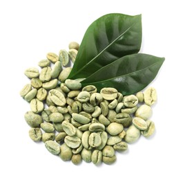 Photo of Pile of green coffee beans and leaves on white background, top view