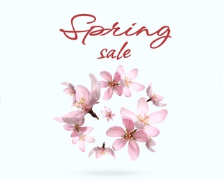 Image of Spring sale flyer design with text and beautiful pink flowers on white background