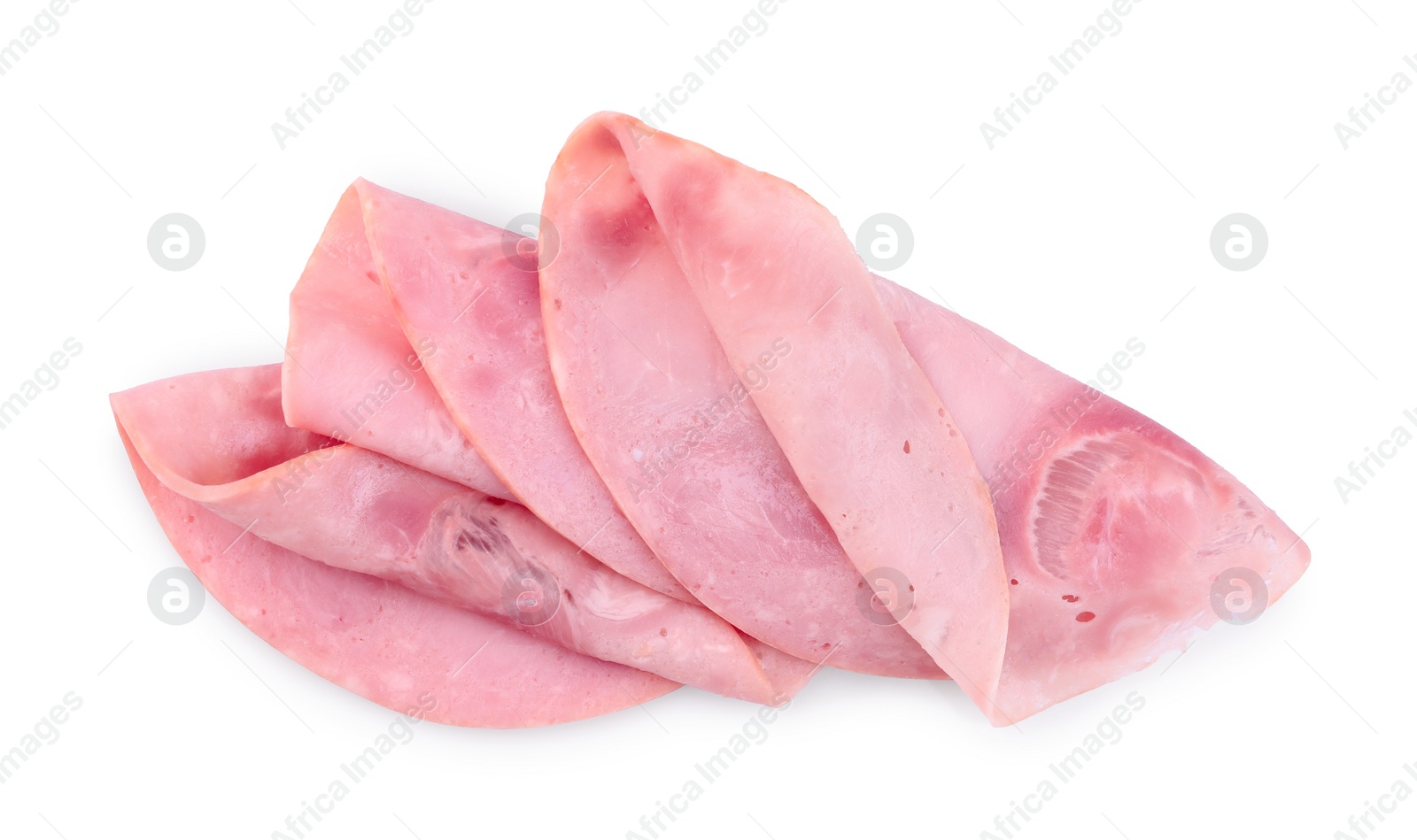 Photo of Slices of tasty ham isolated on white, top view