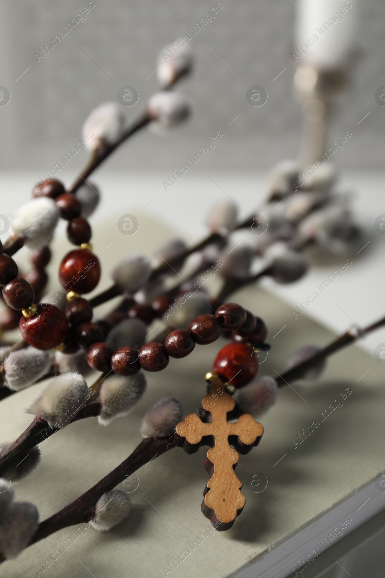 Photo of Rosary beads, willow branches and book on table, closeup