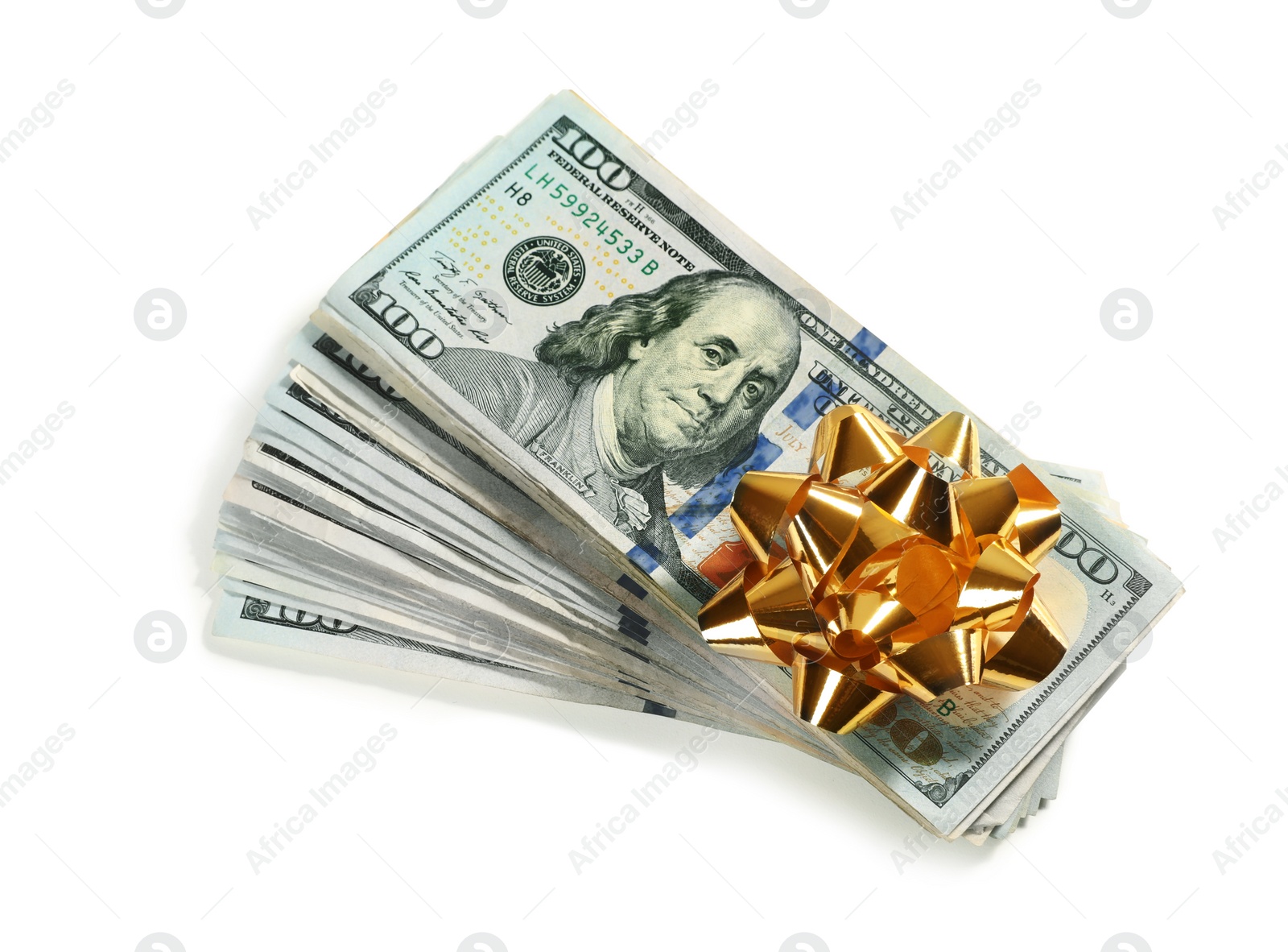 Photo of Stack of dollar banknotes with bow on white background