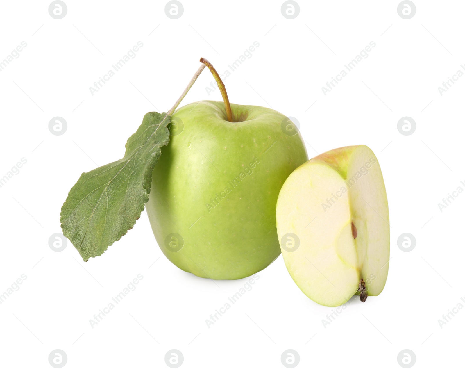 Photo of Whole and cut green apples isolated on white