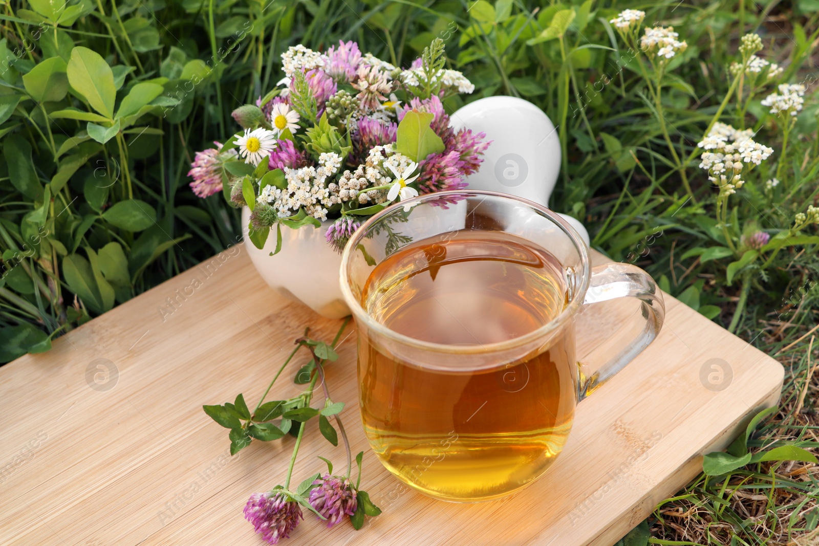 Photo of Cup of aromatic herbal tea, pestle and ceramic mortar with different wildflowers on green grass outdoors