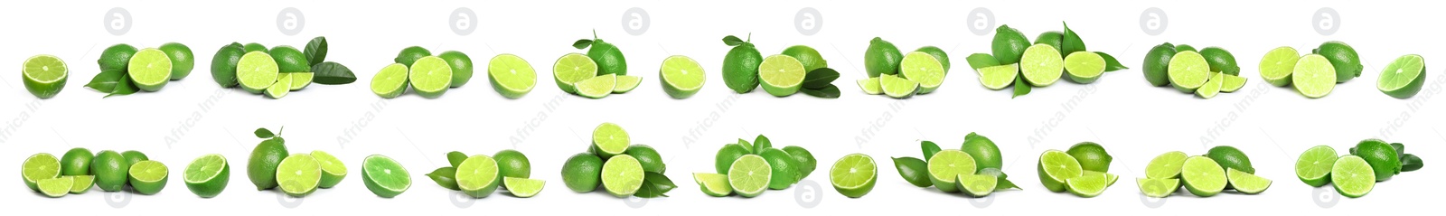 Image of Set of fresh ripe limes on white background. Banner design 