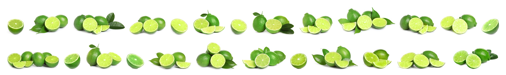 Image of Set of fresh ripe limes on white background. Banner design 