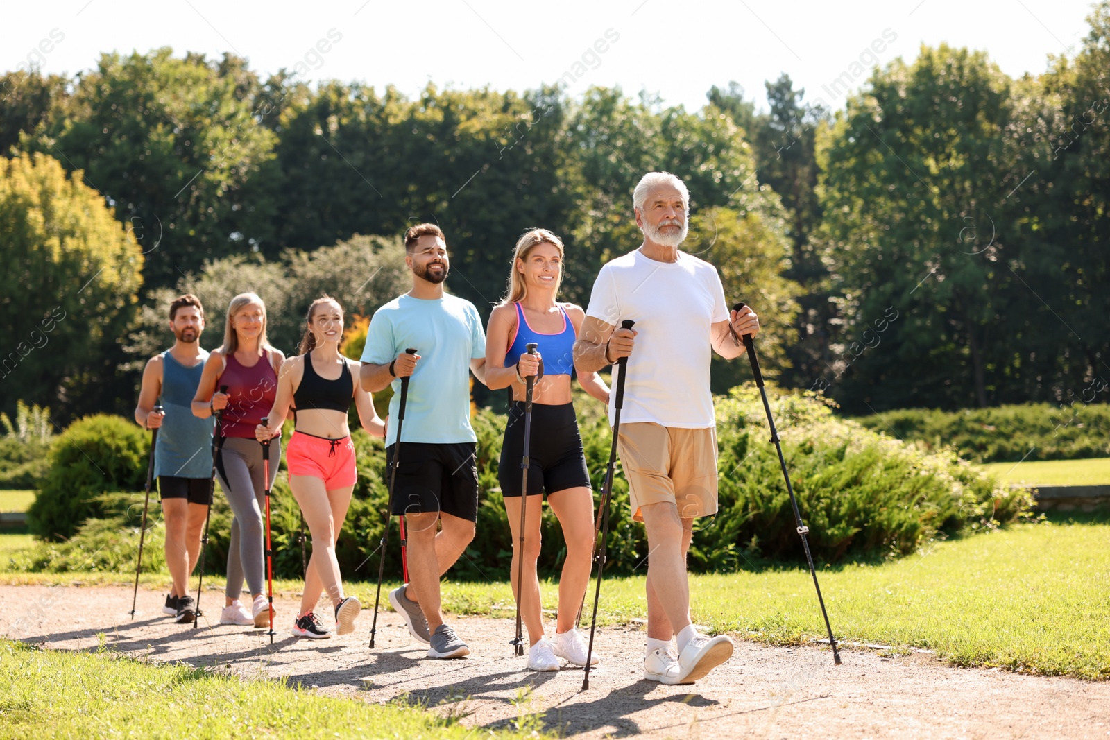 Photo of Group of people practicing Nordic walking with poles in park on sunny day