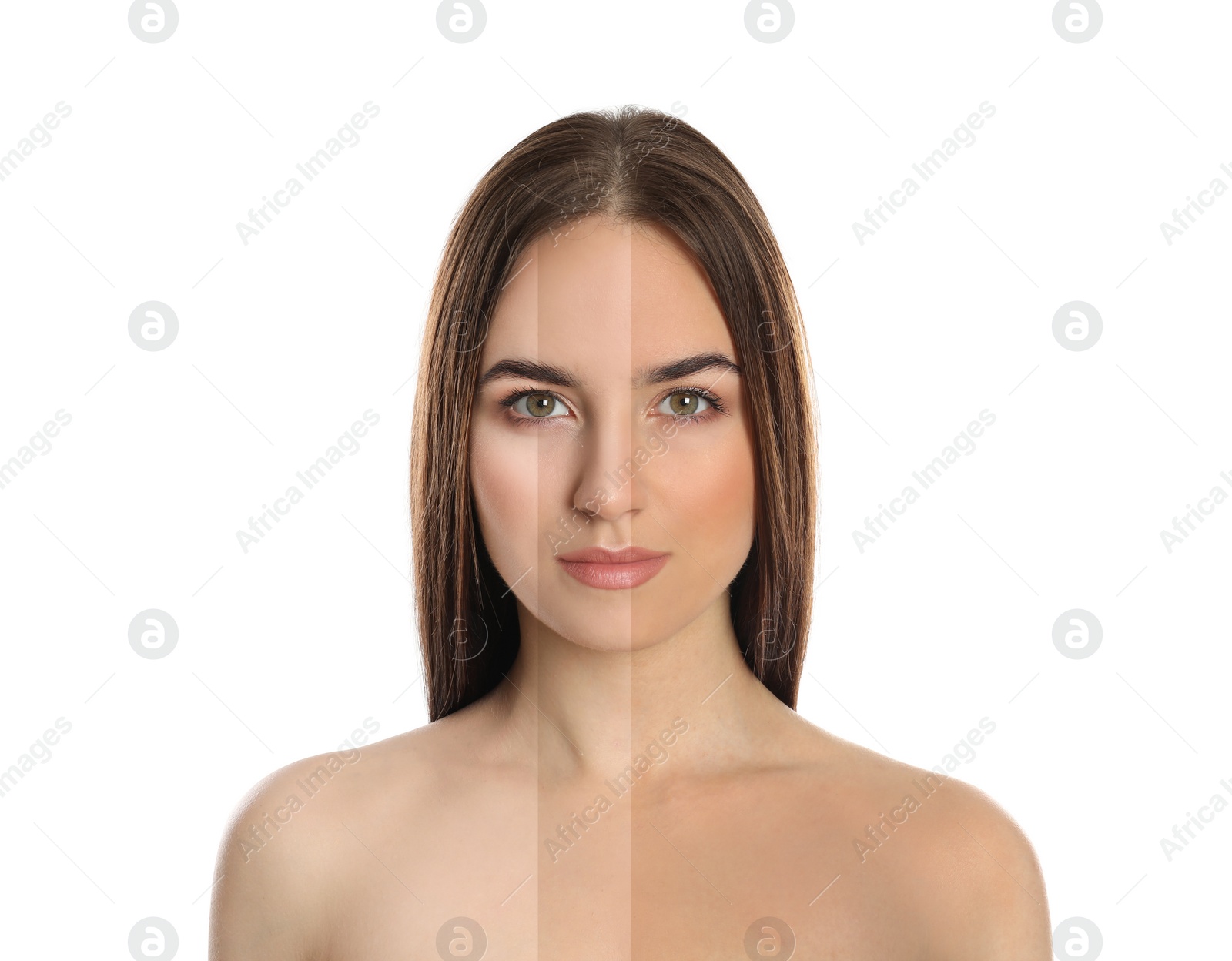 Image of Solarium tan. Combined portrait of woman with different skin tones on white background