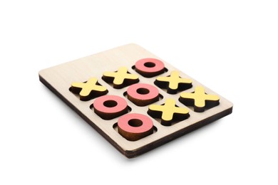 Wooden tic-tac-toe set on white background. Board game