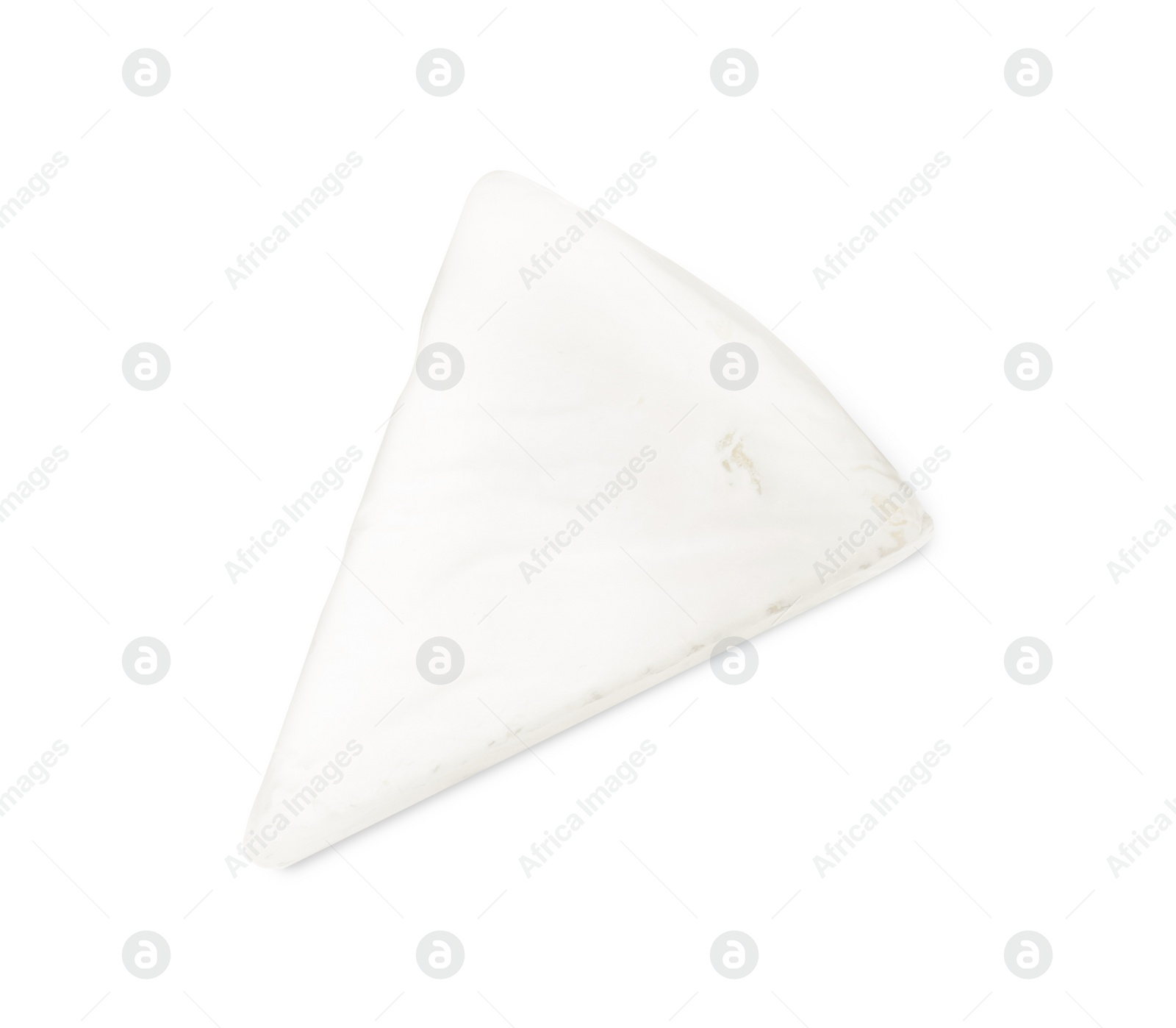 Photo of Piece of tasty brie cheese isolated on white, top view