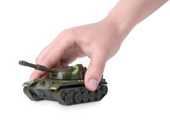 Photo of Man with toy tank on white background, closeup