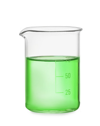 Beaker with light green liquid isolated on white