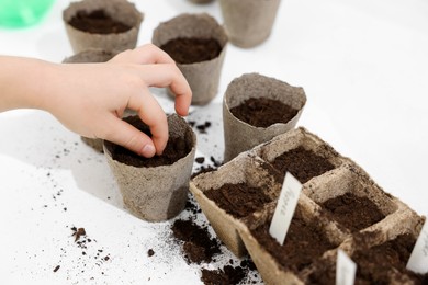 Photo of Little girl planting vegetable seeds into peat pots with soil at white table, closeup