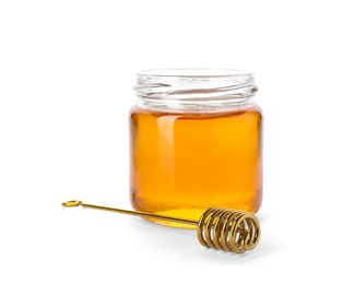 Photo of Jar with delicious honey and dipper on white background