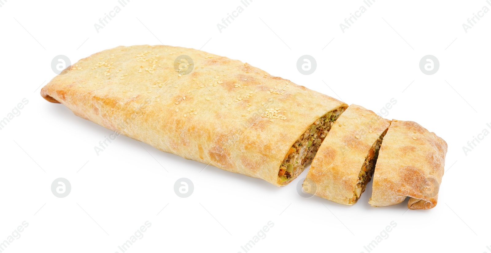 Photo of Delicious strudel with chicken and vegetables isolated on white