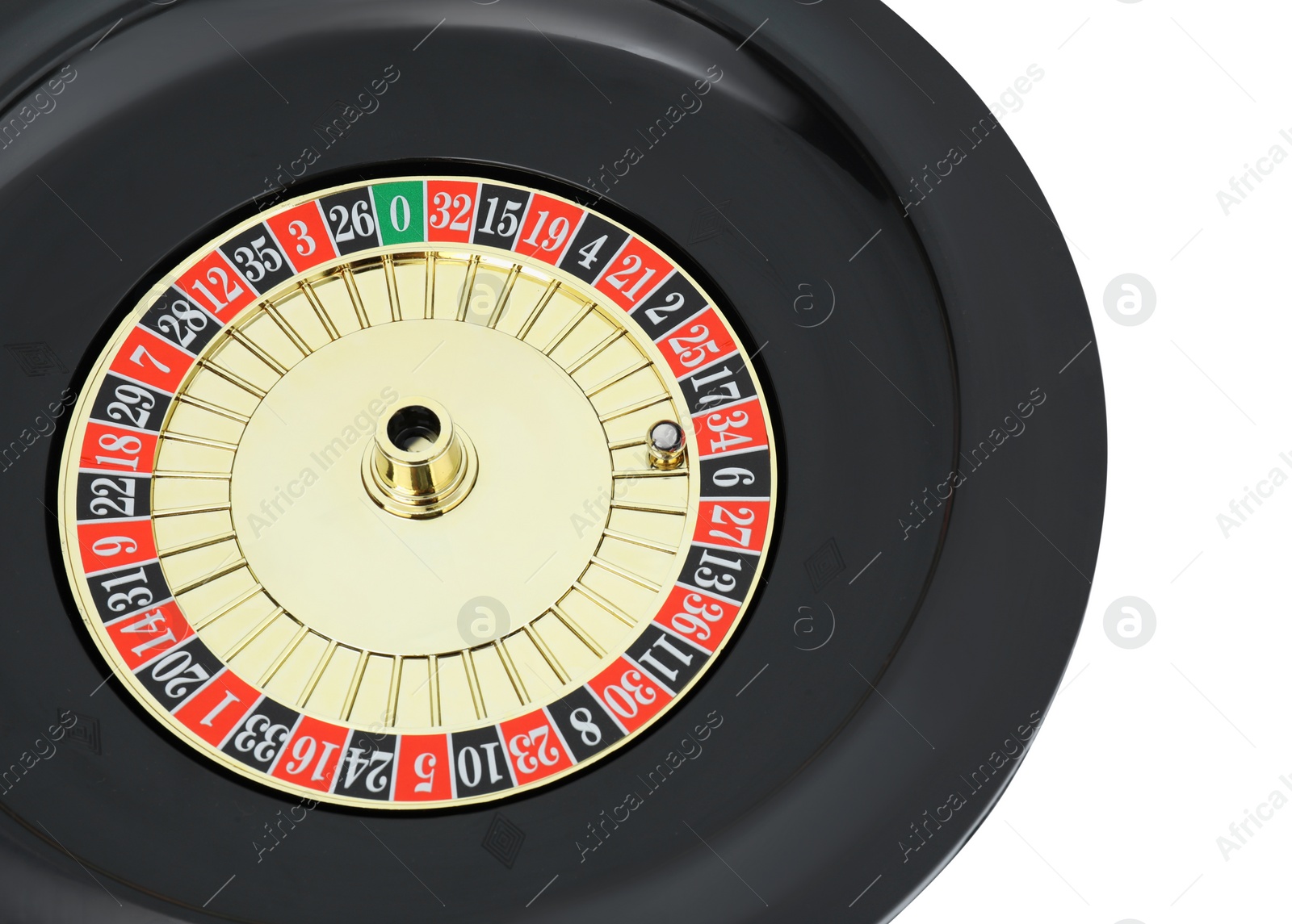 Photo of Roulette wheel isolated on white, above view. Casino game