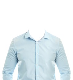 Clothes replacement template for passport photo or other documents. Light blue shirt isolated on white