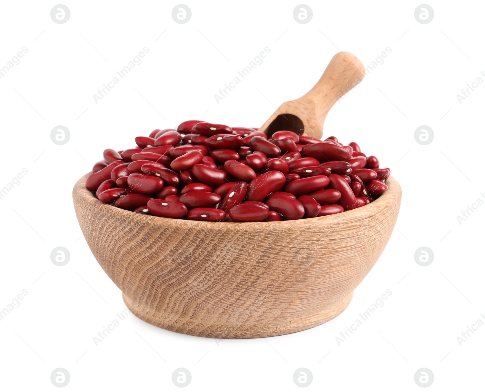 Photo of Wooden bowl with raw red kidney beans and scoop isolated on white