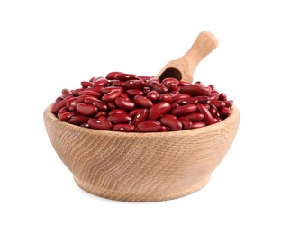 Photo of Wooden bowl with raw red kidney beans and scoop isolated on white