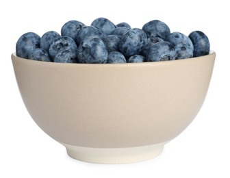 Photo of Ceramic bowl with blueberries isolated on white. Cooking utensil