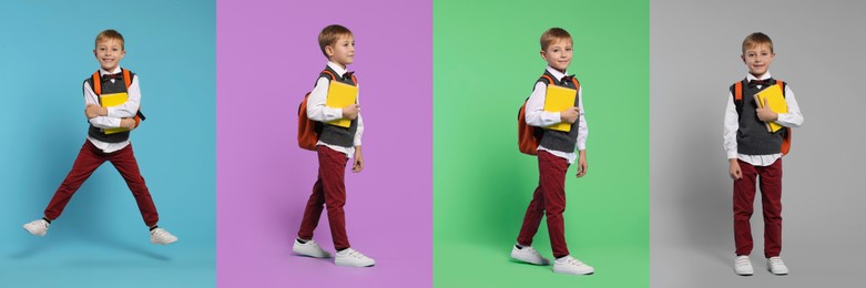 Schoolboy with backpack and books on color backgrounds, set of photos