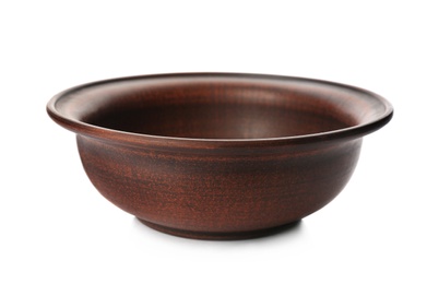 Stylish brown clay bowl isolated on white